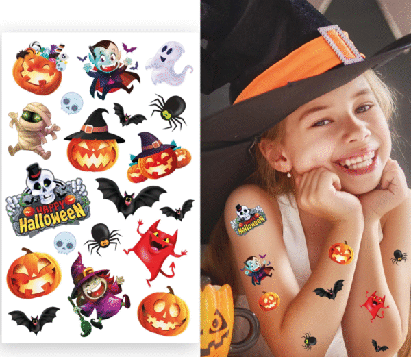 Vous voulez un look d'enfer pour Halloween, mais vous n'êtes pas prêt(e) à vous engager à vie ? Nos tatouages temporaires sont la solution ! Faciles à appliquer et à retirer, ils vous permettent d'adopter un style effrayant le temps d'une soirée. Attention, risque élevé de provoquer des crises de jalousie chez les autres monstres !