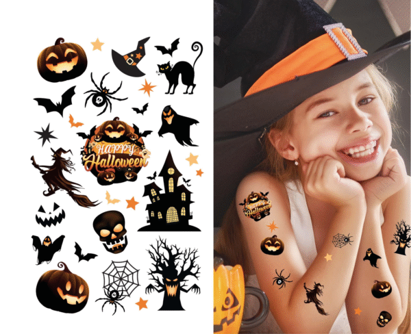 Vous voulez un look d'enfer pour Halloween, mais vous n'êtes pas prêt(e) à vous engager à vie ? Nos tatouages temporaires sont la solution ! Faciles à appliquer et à retirer, ils vous permettent d'adopter un style effrayant le temps d'une soirée. Attention, risque élevé de provoquer des crises de jalousie chez les autres monstres !