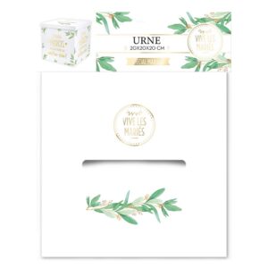 URNE DE MARIAGE. Que ce soit pour y mettre des petits mots de félicitation ou y glisser quelques billets, cette urne blanche aux effets dorés sera votre meilleur allier pour y collecter les enveloppes de vos invités. Avec l inscription « mille mercis de faire partie de notre vie ! ». De couleur blanche. Effet doré. L. 26 cm / H. 29,5 cm.