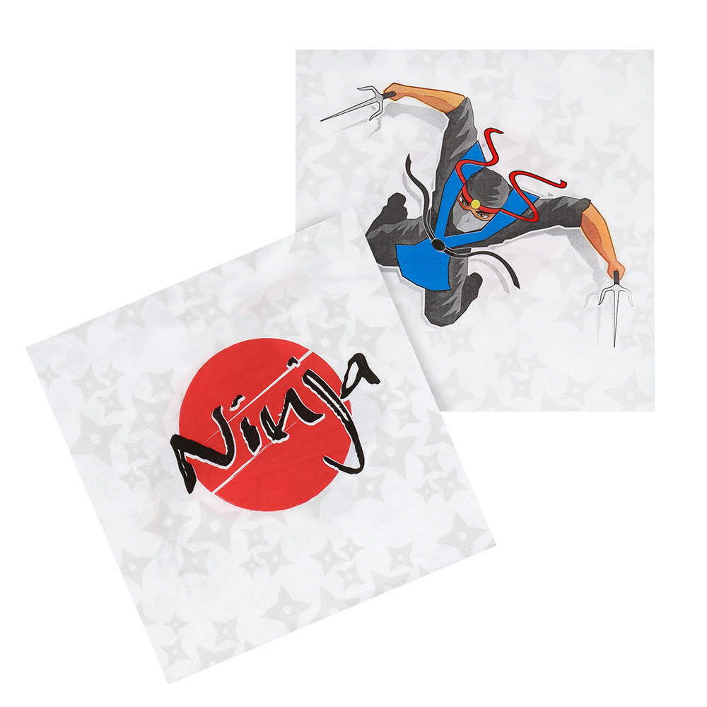 Set 20 serviettes en papier 'Ninja' (33 x 33 cm) Complétez la fête sur le thème des Ninjas avec ces serviettes en papier Ninja cool et pratiques ! Ces serviettes accrocheuses sont le complément parfait de votre table de fête et ajoutent une touche d'aventure à la décoration de la table.