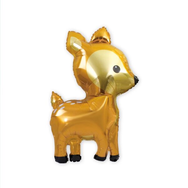 BALLON METALLIQUE BICHE. Ce ballon métallique en forme de biche est idéal pour créer une ambiance festive lors d'une fête ou de l'anniversaire d'un enfant. Etoiles pleins les yeux garanties ! Très facile d'utilisation car sans nœud à faire, ce ballon métallique biche possède une paille de gonflage incluse. Il peut se gonfler à l'air ou à l'hélium. La tenue au gonflage est de plus de 48 heures. Le ballon biche est couleur orange miel. Une partie de son visage et son ventre sont dorés. Seuls les yeux, le nez et les sabots sont noirs. Des points blancs sont présents sur son dos.