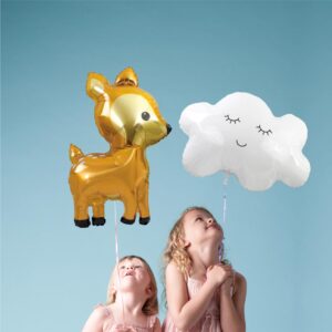 BALLON METALLIQUE BICHE. Ce ballon métallique en forme de biche est idéal pour créer une ambiance festive lors d'une fête ou de l'anniversaire d'un enfant. Etoiles pleins les yeux garanties ! Très facile d'utilisation car sans nœud à faire, ce ballon métallique biche possède une paille de gonflage incluse. Il peut se gonfler à l'air ou à l'hélium. La tenue au gonflage est de plus de 48 heures. Le ballon biche est couleur orange miel. Une partie de son visage et son ventre sont dorés. Seuls les yeux, le nez et les sabots sont noirs. Des points blancs sont présents sur son dos.