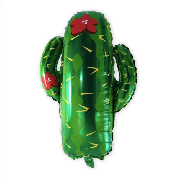 BALLON METALLIQUE CACTUS. Ce ballon métallique en forme de cactus est idéal pour créer une ambiance festive lors d'une fête ou de l'anniversaire d'un enfant. Etoiles pleins les yeux garanties ! Très facile d'utilisation car sans nœud à faire, ce ballon métallique cactus possède une paille de gonflage incluse. Il peut se gonfler à l'air ou à l'hélium. La tenue au gonflage est de plus de 48 heures. Le ballon cactus est quasiment intégralement vert (avec 2 nuances : clair et foncé) avec des pics jaunes éparpillés partout et 2 fleurs à pétales rouges.