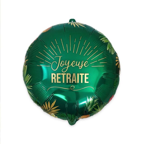BALLON METAL "JOYEUSE RETRAITE". Ballon spécial fête de retraite diamètre 35 cm. Décoration de fête vert à motif floraux et fruités. Il comprend la mention en effet doré "Joyeuse retraite" au centre. Facile à gonfler. Paille de gonflage incluse. Compatible air ou hélium. Tenue au gonflage de 48H. Matière métallisée.