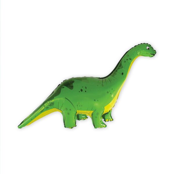 BALLON METALLIQUE BRACHIOSAURUS. Ce ballon métallique en forme de brachiosaure est idéal pour créer une ambiance festive lors d'une fête ou de l'anniversaire d'un enfant. Etoiles pleins les yeux garanties ! Très facile d'utilisation car sans nœud à faire, ce ballon métallique brachiosaure vert possède une paille de gonflage incluse. Il peut se gonfler à l'air ou à l'hélium. La tenue au gonflage est de plus de 48 heures. Le ballon brachiosaure est majoritairement vert avec quelques tâches vertes plus foncées. Son ventre et son cou sont eux jaunes. Il se tient sur ses 4 pattes, fonce légèrement les yeux et entre-ouvre la gueule.