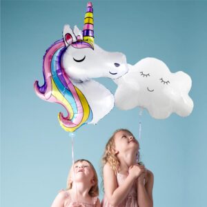 BALLON METALLIQUE LICORNE. Ce ballon métallique en forme de tête de licorne est idéal pour créer une ambiance festive lors d'une fête ou de l'anniversaire d'un enfant. Etoiles pleins les yeux garanties ! Très facile d'utilisation car sans noeud à faire, ce ballon métallique à tête de licorne possède une paille de gonflage incluse. Il peut se gonfler à l'air ou à l'hélium. La tenue au gonflage est de plus de 48 heures. Le ballon licorne est majoritairement blanc, avec la crinière et la corne multicolores (rose, violet, bleu, jaune). Elle arbore un sourire bienveillant et ferme les yeux.