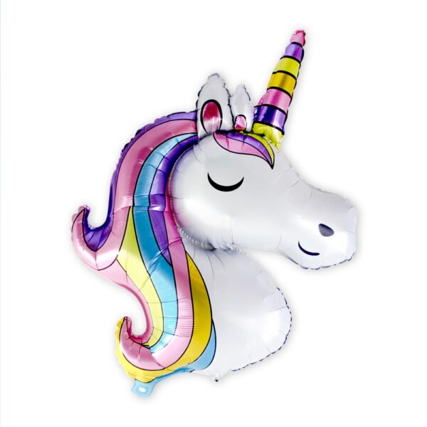 BALLON METALLIQUE LICORNE. Ce ballon métallique en forme de tête de licorne est idéal pour créer une ambiance festive lors d'une fête ou de l'anniversaire d'un enfant. Etoiles pleins les yeux garanties ! Très facile d'utilisation car sans noeud à faire, ce ballon métallique à tête de licorne possède une paille de gonflage incluse. Il peut se gonfler à l'air ou à l'hélium. La tenue au gonflage est de plus de 48 heures. Le ballon licorne est majoritairement blanc, avec la crinière et la corne multicolores (rose, violet, bleu, jaune). Elle arbore un sourire bienveillant et ferme les yeux.