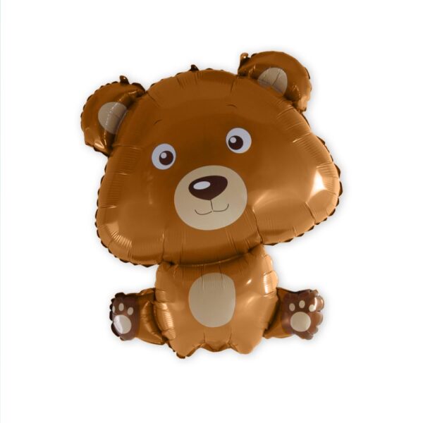 BALLON METALLIQUE OURS. Ce ballon métallique en forme d'ours est idéal pour créer une ambiance festive lors d'une fête ou de l'anniversaire d'un enfant. Etoiles pleins les yeux garanties ! Très facile d'utilisation car sans nœud à faire, ce ballon métallique ours possède une paille de gonflage incluse. Il peut se gonfler à l'air ou à l'hélium. La tenue au gonflage est de plus de 48 heures. Le ballon ours est marron avec son ventre, ses coussinets des pattes arrière et ses babines en marron plus clair. Il arbore un sourire sympathique et est en position assise.