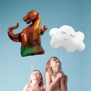 BALLON METALLIQUE T-REX. Ce ballon métallique en forme de t-rex est idéal pour créer une ambiance festive lors d'une fête ou de l'anniversaire d'un enfant. Etoiles pleins les yeux garanties ! Très facile d'utilisation car sans nœud à faire, ce ballon métallique t-rex vert possède une paille de gonflage incluse. Il peut se gonfler à l'air ou à l'hélium. La tenue au gonflage est de plus de 48 heures. Le ballon t-rex est majoritairement marron avec quelques végétaux verts aux premier et arrière plans. Il se tient sur ses pattes arrière et tourne la tête. Il a la gueule légèrement entre-ouverte et possède quelques écailles sur le corps.