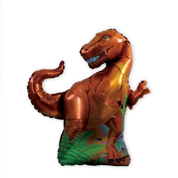 BALLON METALLIQUE T-REX. Ce ballon métallique en forme de t-rex est idéal pour créer une ambiance festive lors d'une fête ou de l'anniversaire d'un enfant. Etoiles pleins les yeux garanties ! Très facile d'utilisation car sans nœud à faire, ce ballon métallique t-rex vert possède une paille de gonflage incluse. Il peut se gonfler à l'air ou à l'hélium. La tenue au gonflage est de plus de 48 heures. Le ballon t-rex est majoritairement marron avec quelques végétaux verts aux premier et arrière plans. Il se tient sur ses pattes arrière et tourne la tête. Il a la gueule légèrement entre-ouverte et possède quelques écailles sur le corps.