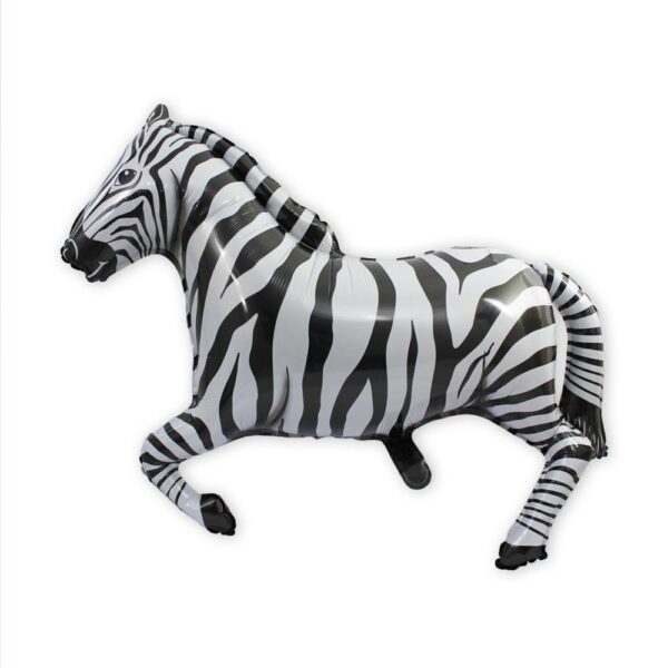 BALLON METALLIQUE ZEBRE. Ce ballon métallique en forme d'un zèbre est idéal pour créer une ambiance festive lors d'une fête ou de l'anniversaire d'un enfant. Etoiles pleins les yeux garanties ! Très facile d'utilisation car sans nœud à faire, ce ballon métallique zèbre possède une paille de gonflage incluse. Il peut se gonfler à l'air ou à l'hélium. La tenue au gonflage est de plus de 48 heures. Le ballon prend la forme d'un zèbre au galop rayé noir et blanc.
