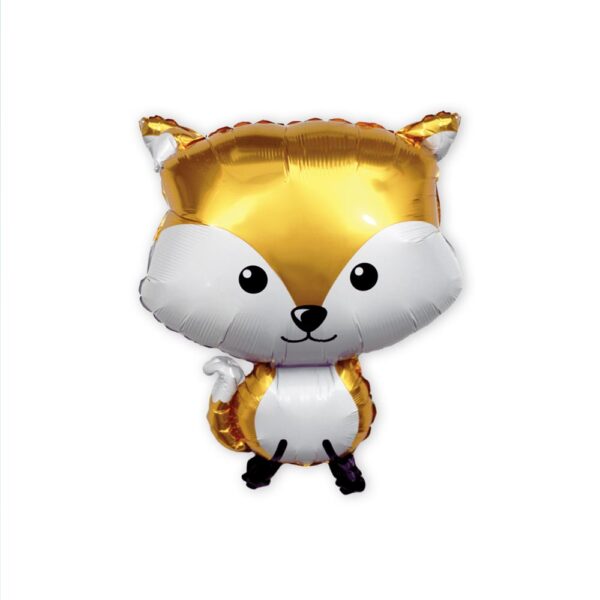 BALLON METALLIQUE RENARD. Ce ballon métallique en forme de renard est idéal pour créer une ambiance festive lors d'une fête ou de l'anniversaire d'un enfant. Etoiles pleins les yeux garanties ! Très facile d'utilisation car sans nœud à faire, ce ballon métallique renard possède une paille de gonflage incluse. Il peut se gonfler à l'air ou à l'hélium. La tenue au gonflage est de plus de 48 heures. Le ballon renard est doré sur le haut du crâne, sur le dos et la queue. Le reste est blanc avec pour exception ses yeux, nez, bouche et ses pattes arrière, qui sont en noir.