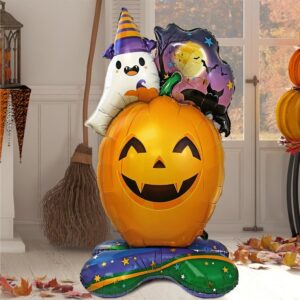 BALLON TOTEM CITROUILLE. Ce ballon totem en forme d une citrouille est idéal pour créer une ambiance horrifique lors de votre fête d Halloween. Frissons garantis ! Très facile d utilisation car sans nœud à faire, ce ballon possède une paille de gonflage incluse. Il se gonfle à l air. La tenue au gonflage est de plus de 48 heures. Le ballon prend la forme d une citrouille totem à poser de 123 x 70 cm. Elle est surmontée d un fantôme blanc, d une chauve-souris et d un ciel étoilé.
