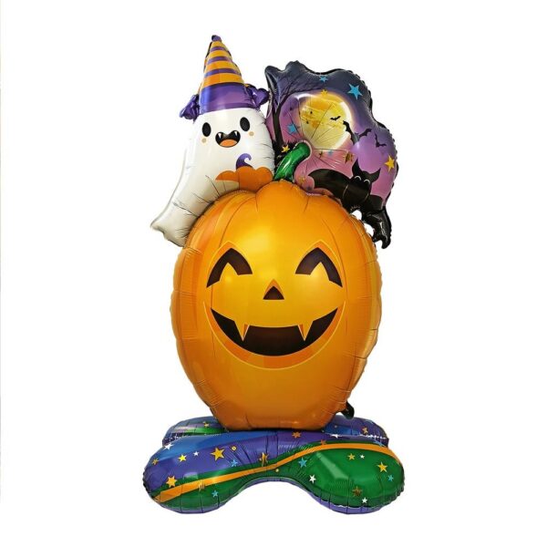 BALLON TOTEM CITROUILLE. Ce ballon totem en forme d une citrouille est idéal pour créer une ambiance horrifique lors de votre fête d Halloween. Frissons garantis ! Très facile d utilisation car sans nœud à faire, ce ballon possède une paille de gonflage incluse. Il se gonfle à l air. La tenue au gonflage est de plus de 48 heures. Le ballon prend la forme d une citrouille totem à poser de 123 x 70 cm. Elle est surmontée d un fantôme blanc, d une chauve-souris et d un ciel étoilé.