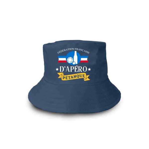 Bob Apéro Pétanque thématique Humour. Chapeau 100% POLYESTER disponible en plusieurs modèles et plusieurs couleurs. Taille Unique pour adulte. Diamètre Haut : 15,5cms / Longeur Bas plié : 34cms.