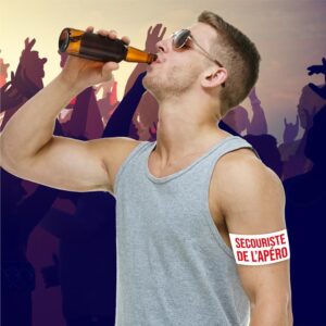 BRASSARD APERO SECOURISTE DE L'APERO. Pour garder un souvenir impérissable d'une soirée endiablée, optez pour notre brassard apéro ""Secouriste de l'Apéro"" ! Ce brassard blanc comporte la mention ""Secouriste de l'Apéro"" en rouge et est facilement ajustable à tous les tours de bras grâce à son scratch. *L'abus d'alcool est dangereux pour la santé, à consommer avec modération*