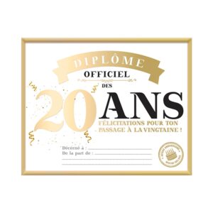 CADRE DIPLOME 20 ANS. Ce cadre d’anniversaire avec l inscription « Diplôme officiel des 20 ans, félicitations pour ton passage à la vingtaine ! » ne manquera pas d’originalité pour faire de ce jour, un moment inoubliable. Mention très bien. Personnalisable. couleurs blanc et doré. H,20,5 cm/ L. 25,5 cm.