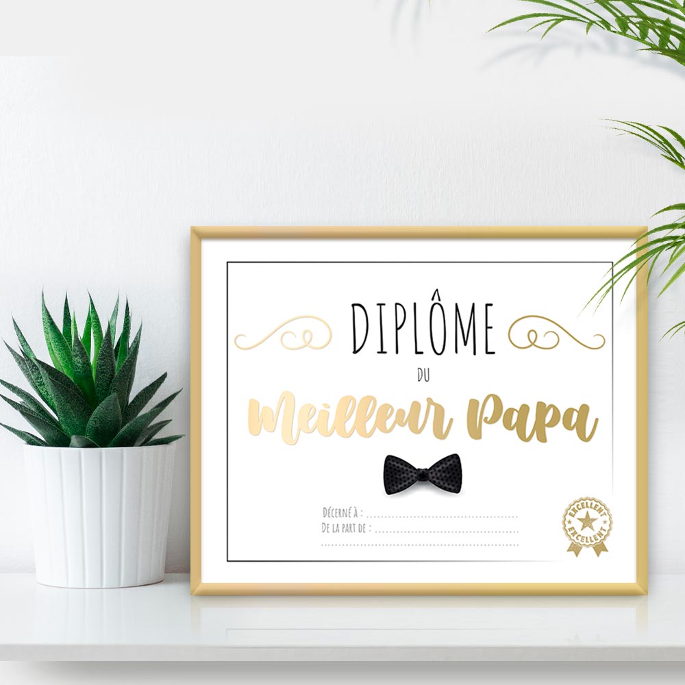 CADRE DIPLOME MEILLEUR PAPA. Ce cadre spécial meilleur papa ne manquera pas d’originalité pour faire d un jour particulier, un moment inoubliable. Mention excellent. Personnalisable. couleurs blanc et doré. H,20,5 cm/ L. 25,5 cm.