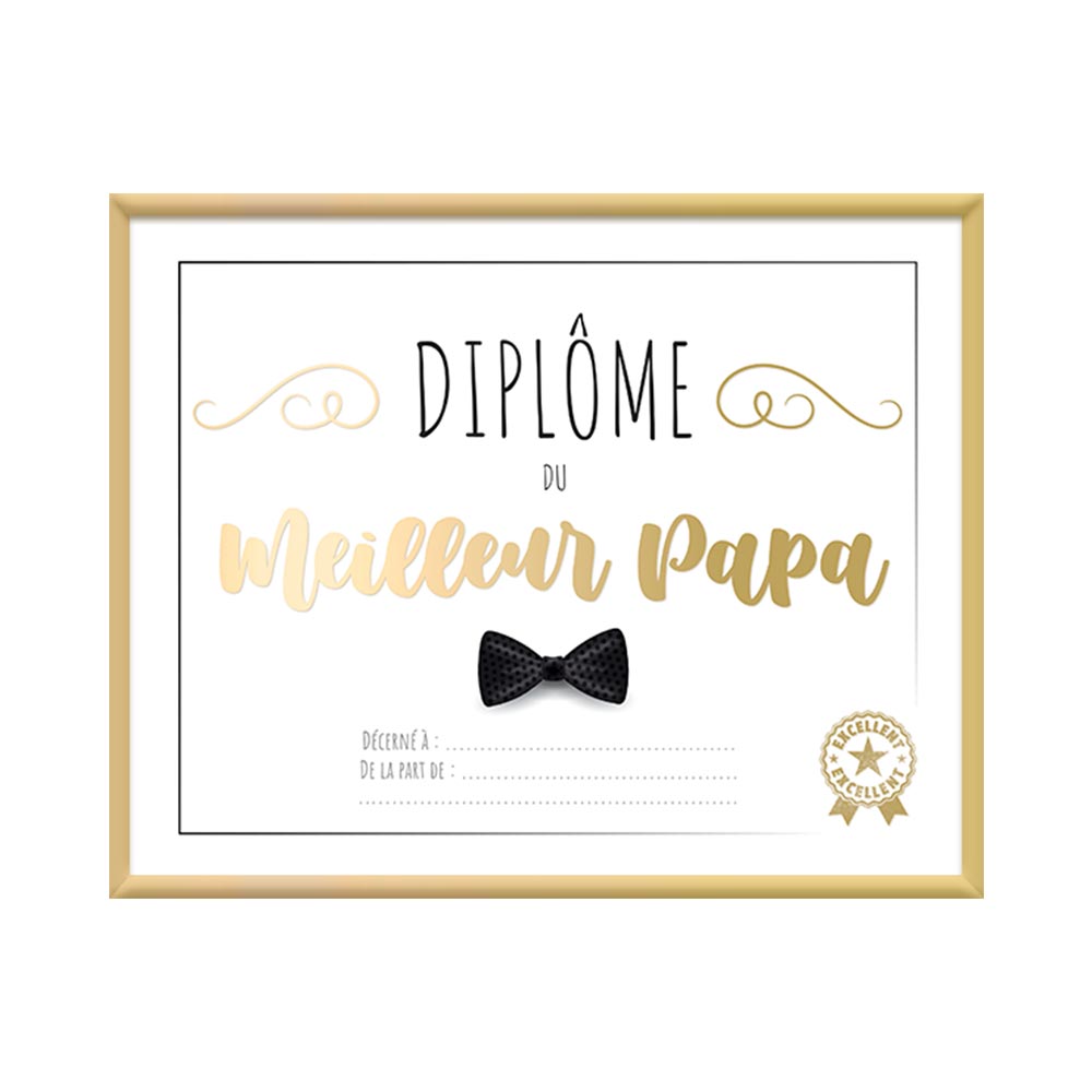 CADRE DIPLOME MEILLEUR PAPA. Ce cadre spécial meilleur papa ne manquera pas d’originalité pour faire d un jour particulier, un moment inoubliable. Mention excellent. Personnalisable. couleurs blanc et doré. H,20,5 cm/ L. 25,5 cm.