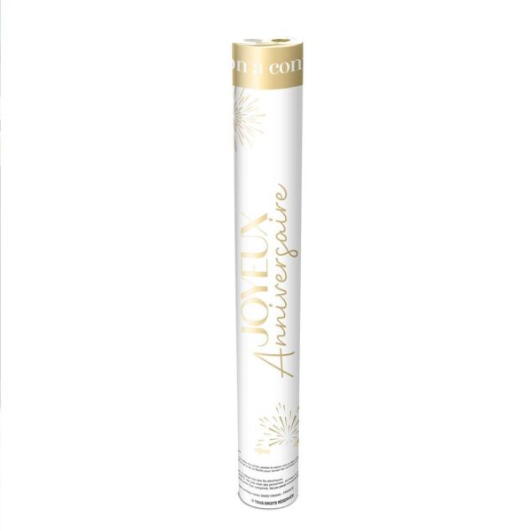 CANON CONFETTIS PARTY DORÉ. Mettez une ambiance de folie lors d'un anniversaire avec nos canons à confettis Party Doré. Contenant des confettis ronds dorés ainsi que des confettis ronds avec la mention "Joyeux Anniversaire", ce canon saura marquer un anniversaire de la meilleure des manières. Très simple d’utilisation, il vous suffira de tourner le bas du canon d’une main pour envoyer les confettis où bon vous semble.