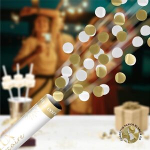 CANON CONFETTIS PARTY DORÉ. Mettez une ambiance de folie lors d'un anniversaire avec nos canons à confettis Party Doré. Contenant des confettis ronds dorés ainsi que des confettis ronds avec la mention "Joyeux Anniversaire", ce canon saura marquer un anniversaire de la meilleure des manières. Très simple d’utilisation, il vous suffira de tourner le bas du canon d’une main pour envoyer les confettis où bon vous semble.