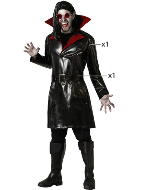Ce déguisement de vampire avec sa veste longue et sa ceinture vous donnera une allure à la fois aristocratique et menaçante, idéale pour incarner un vampire élégant mais redoutable. Le col montant et la coupe de la veste ajoutent un côté mystérieux et distingué à votre look.