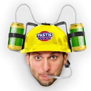 CASQUE ANTI SOIF PASTIS MAN incontournable pour faire la fête entre amis et famille, se faire plaisir ou pour faire plaisir, ce casque humoristique, vous permettra de vous hydrater en faisant la fête jusqu'au bout de la nuit, taille adulte unique en plastic au couleurs festives H 0,20 L 28,5