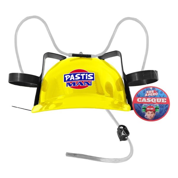 CASQUE ANTI SOIF PASTIS MAN incontournable pour faire la fête entre amis et famille, se faire plaisir ou pour faire plaisir, ce casque humoristique, vous permettra de vous hydrater en faisant la fête jusqu'au bout de la nuit, taille adulte unique en plastic au couleurs festives H 0,20 L 28,5