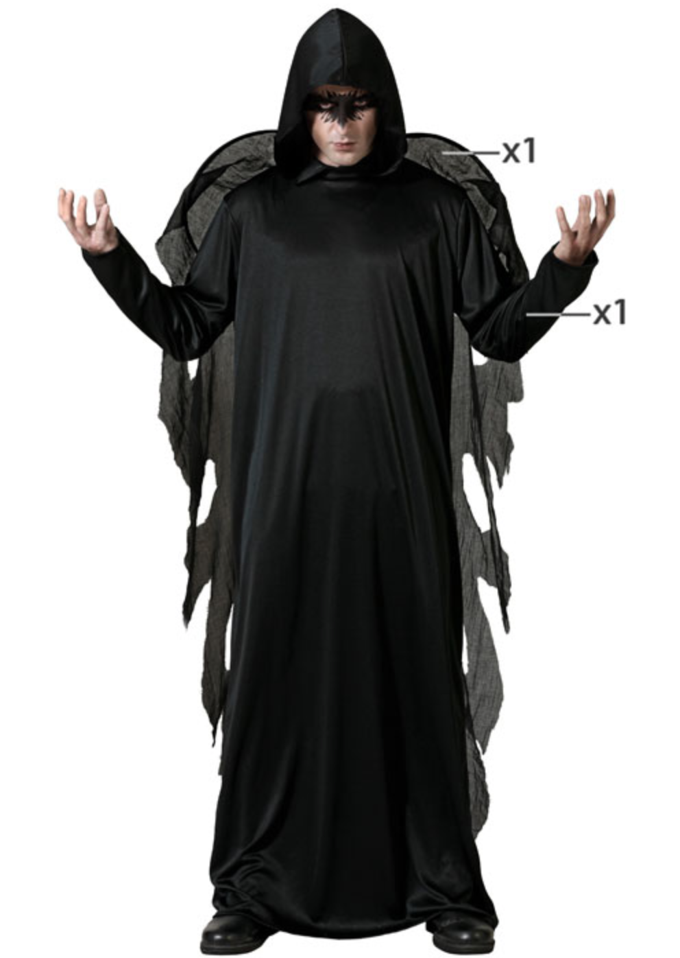 Ce déguisement d'ange noir vous permettra d'incarner une version sombre et imposante de l'archétype céleste. Les ailes noires volumineuses et la tunique élégante créent un look parfait pour les amateurs de costumes surnaturels.
