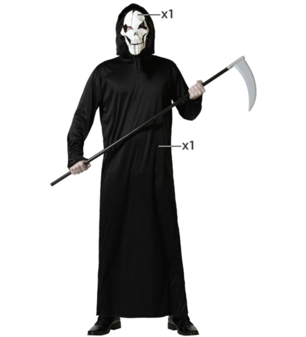 Déguisement d'Halloween Fantôme noir pour homme adulte. Contenu : masque et tunique avec capuche. Arme non incluse.