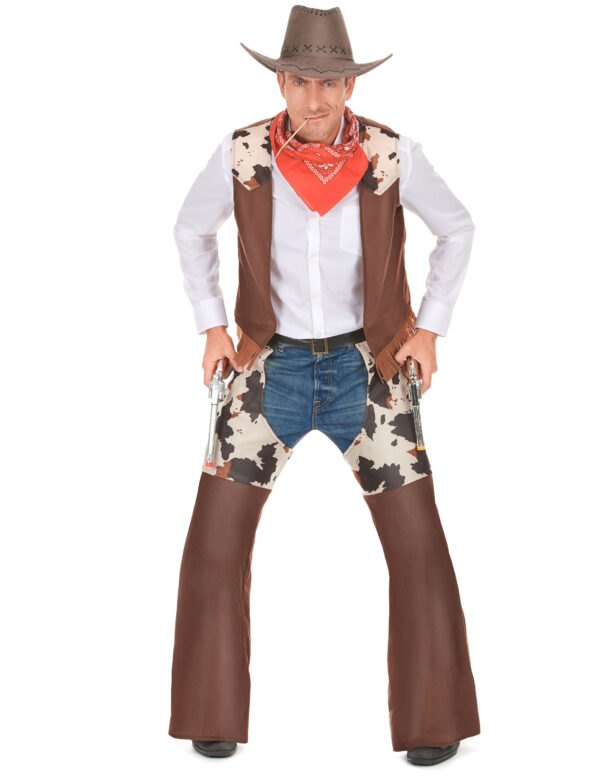 Ce déguisement de cowboy pour homme comprend un gilet et un sur-pantalon.