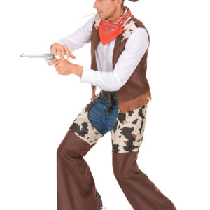 Ce déguisement de cowboy pour homme comprend un gilet et un sur-pantalon.