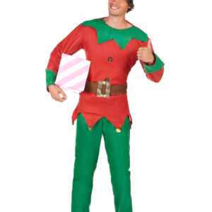 Ce déguisement de lutin pour homme comprend un haut, un pantalon et un bonnet pointu. Le haut est à manches longues. Il est rouge avec des revers de manche et un col biseauté, qui sont de couleur verte. La tunique comporte de faux grelots dorés sur l'extrémité des pointes, en bas de cette tunique. Une fausse ceinture marron à boucle carrée est fixé à la tunique ainsi que des faux boutons dorés viennent décorer ce haut. Le pantalon, à l'inverse du haut, est vert avec un ourlet rouge. Le bonnet est également assorti au reste du déguisement, il est rouge avec un ourlet biseauté vert. Un grelot orne la pointe du bonnet. Ce costume de lutin du père Noël sera parfait pour se déguiser lors de la veillée de Noël ou bien lors de soirées à thème entre amis.