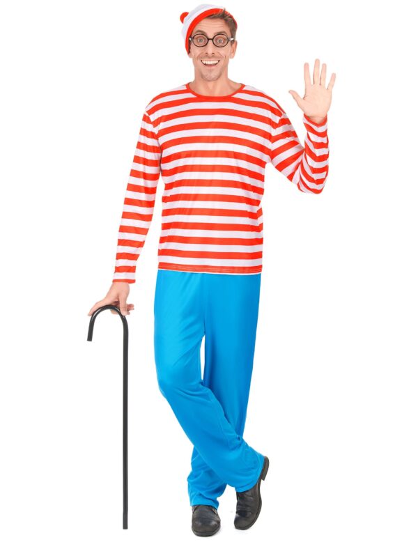 Ce déguisement de randonneur pour homme comprend un t-shirt, un pantalon, un bonnet et une paire de lunettes rondes noires.