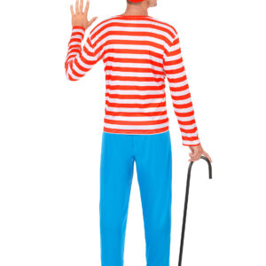 Ce déguisement de randonneur pour homme comprend un t-shirt, un pantalon, un bonnet et une paire de lunettes rondes noires.