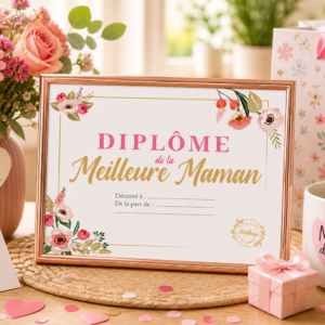 Diplôme “Meilleure Maman” à personnaliser, cadre élégant au design floral. Idée cadeau originale et pleine d’amour pour la fête des mères, anniversaire ou occasion spéciale. 💐