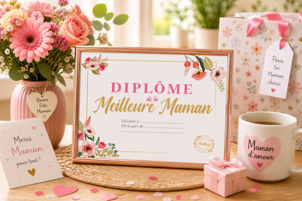 Diplôme “Meilleure Maman” à personnaliser, cadre élégant au design floral. Idée cadeau originale et pleine d’amour pour la fête des mères, anniversaire ou occasion spéciale. 💐