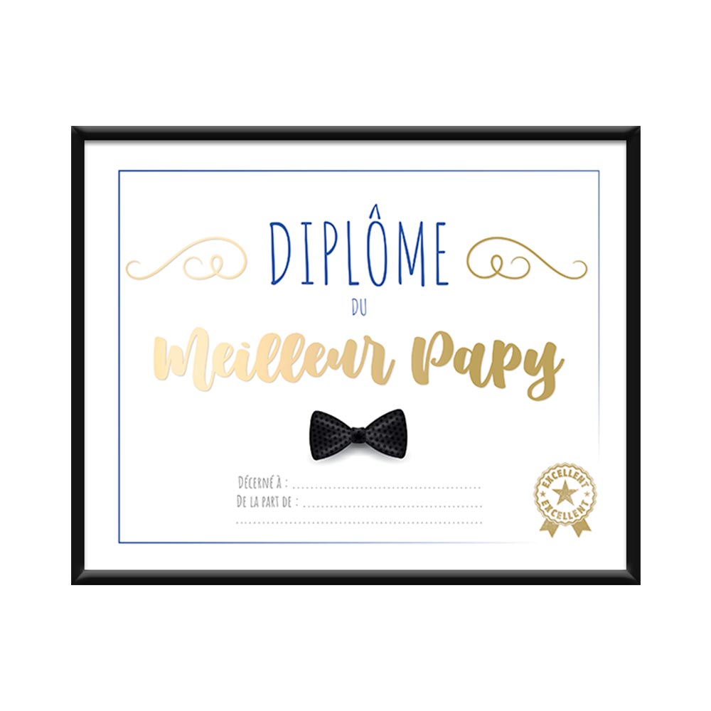 CADRE DIPLOME MEILLEUR PAPY. Ce cadre spécial meilleur papy ne manquera pas d’originalité pour faire d un jour particulier, un moment inoubliable. Mention excellent. Personnalisable. couleurs blanc et doré. H,20,5 cm/ L. 25,5 cm.