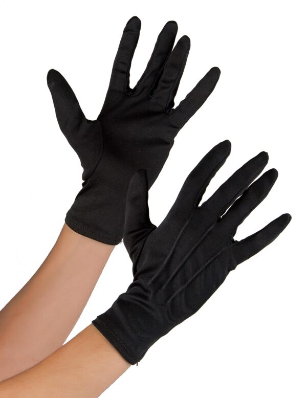 Ces gants noirs sont pour adulte. Ils sont en tissu souple et 3 traits cousus figurent sur le dessus de la paume.