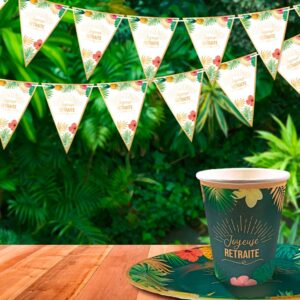 GUIRLANDE FANIONS JOYEUSE RETRAITE. Décorez votre salle de fête et faîtes de ce jour un moment inoubliable avec cet accessoire qui en mettra plein la vue à vos convives ! Cette guirlande fanions de 3m est composée de 10 fanions comportant la mention "Joyeuse Retraite". Chaque fanion possède un liseré doré et est pourvu de motifs tropicaux. Ce produit élégant habillera votre salle de fête tout en se faisant discret.. Cette guirlande fanions est cartonée, comporte des attaches et peut tenir contre les plus fêtards d entre vous !