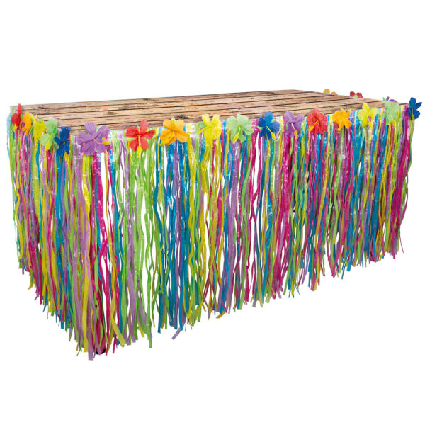 Envie d'une ambiance exotique et festive ? Cette jupe de table hawaïenne est l’élément déco parfait pour apporter une touche tropicale à votre événement ! Avec ses franges colorées et ses fleurs estivales, elle habille n'importe quelle table et vous transporte sous le soleil des tropiques.