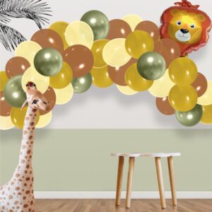 KIT ARCHE A BALLONS LION JUNGLE. Notre kit arche à ballons en quadricolore Lion est la décoration qui fera sensation lors d'un anniversaire ou évènement festif ! Colorée et follement touchante, notre kit arche ballons comporte 41 ballons colorés dont 12 ballons miel doré, 11 ballons caramel, 12 ballons jaune pastel, 6 ballons sauge métallique ainsi qu'un mignon ballon coloré en forme de Lion. Un accessoire original qui laissera un souvenir mémorable à vos invités