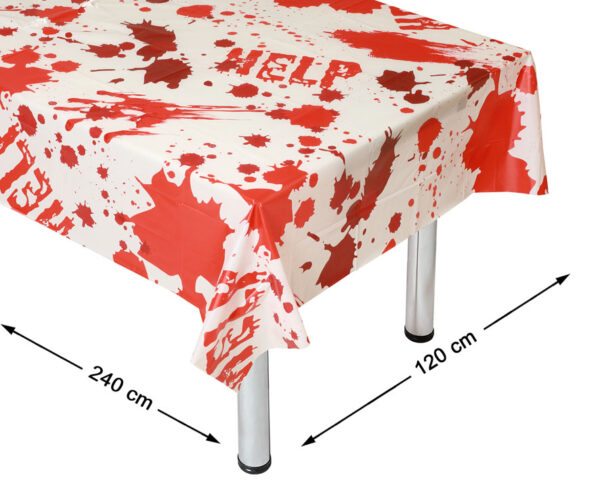 Nappe Halloween “HELP!” – sanglante et effrayante Ajoutez une touche dramatique et gore à vos repas avec cette nappe sanglante “HELP!”, aussi terrifiante que décorative. Son imprimé ultra-réaliste évoque une véritable scène de panique… pour une ambiance 100% Halloween.