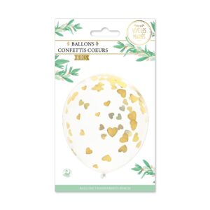 SACHET 6 BALLONS CONFETTIS EN CŒUR. Que ce soit pour orner votre réception ou votre voiture de mariage, ce sachet à ballons à confettis en forme de cœurs sera idéal pour apporter une touche idyllique à vos photos de mariage. Compatible à l air ou à l hélium. Sachet de 6 ballons. Diamètre 30 cm.