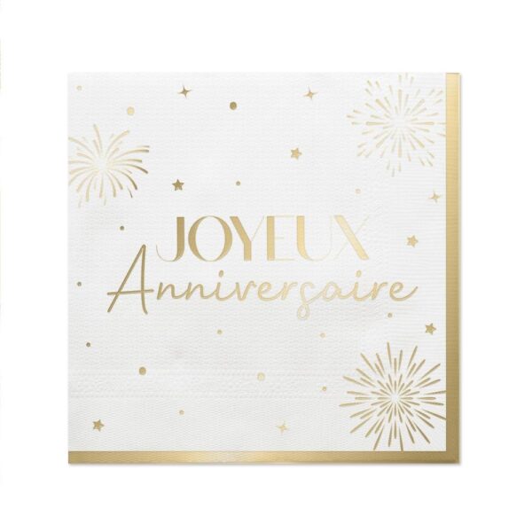 PACK 10 SERVIETTES PARTY DORÉ. Découvrez notre pack de 10 serviettes Party Doré, conçues pour un anniversaire chic et festif ! Mettez en avant votre décoration de table grâce à nos serviettes blanches avec un motif d'étoiles et de feux d'artifice dorés avec la mention "Joyeux Anniversaire" au centre.