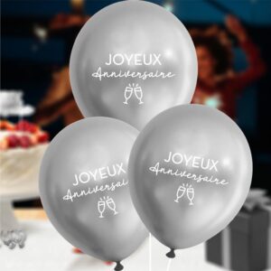Ajoutez de la brillance à votre fête avec ces ballons argentés stylés, décorés de la mention "Joyeux Anniversaire" en blanc et de deux petites coupes de champagne. Une déco à la fois chic et pétillante, idéale pour marquer les esprits dès l’entrée en scène !