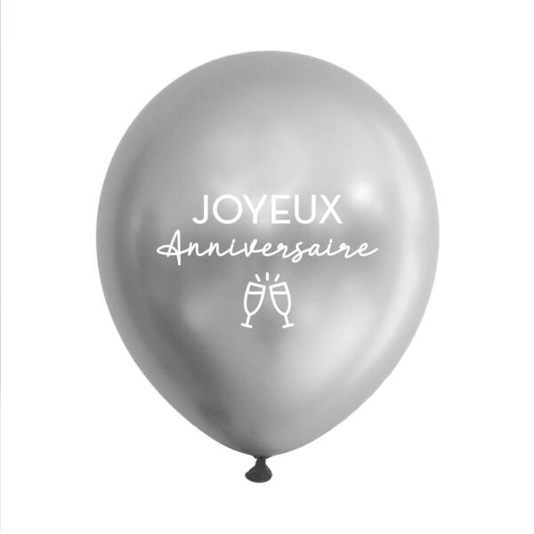 Ajoutez de la brillance à votre fête avec ces ballons argentés stylés, décorés de la mention "Joyeux Anniversaire" en blanc et de deux petites coupes de champagne. Une déco à la fois chic et pétillante, idéale pour marquer les esprits dès l’entrée en scène !
