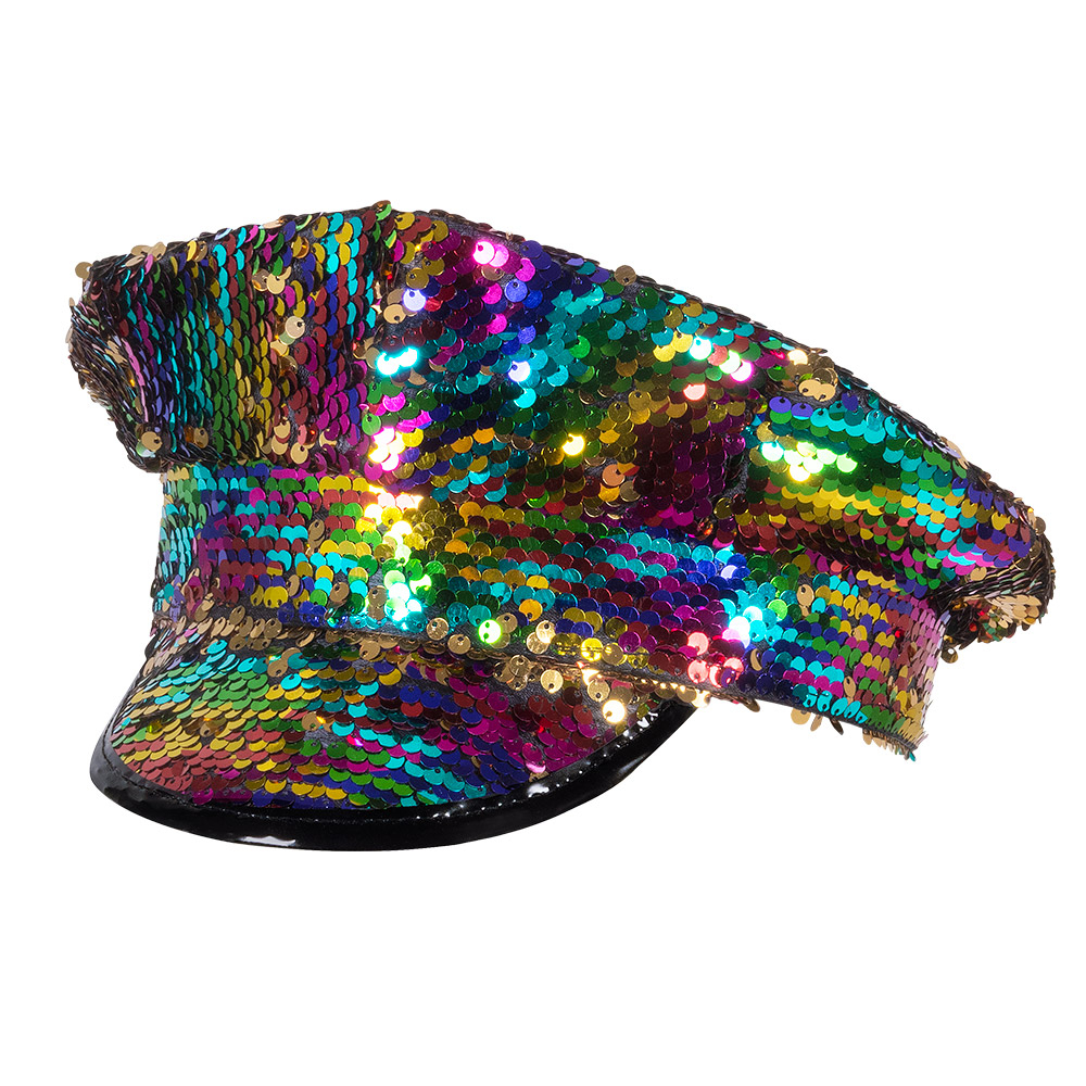 Casquette Capitaine Rainbow switch (paillettes réversibles arc-en-ciel/or) Un joli chapeau avec des paillettes réversibles. Transformez le chapeau en casquette de capitaine arc-en-ciel comme accessoire d'une tenue arc-en-ciel pour la parade de la Fierté. Vous préférez toujours utiliser la casquette pour un look glitter et glamour ? Changez les paillettes en or pour un look glamour !