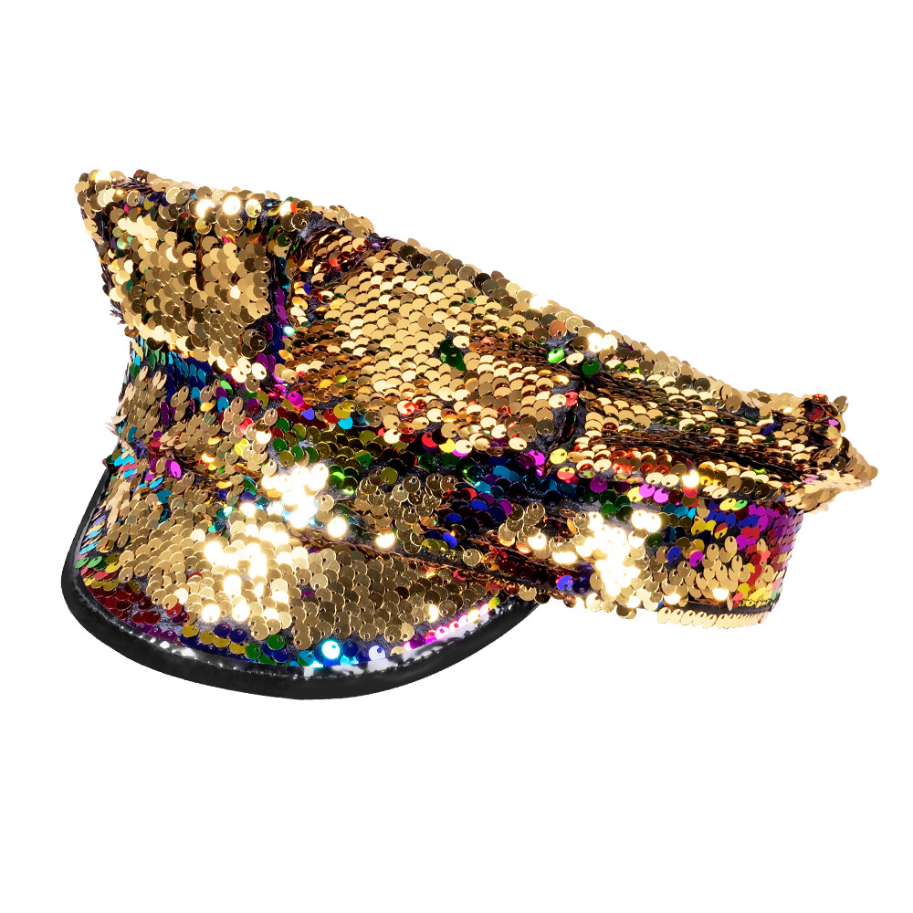 Casquette Capitaine Rainbow switch (paillettes réversibles arc-en-ciel/or) Un joli chapeau avec des paillettes réversibles. Transformez le chapeau en casquette de capitaine arc-en-ciel comme accessoire d'une tenue arc-en-ciel pour la parade de la Fierté. Vous préférez toujours utiliser la casquette pour un look glitter et glamour ? Changez les paillettes en or pour un look glamour !