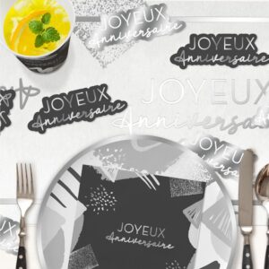 Apportez une touche de classe et de brillance à votre décoration d'anniversaire grâce à notre kit Party Argent. Ces 20 éléments de table, joliment dessinés avec l’inscription "Joyeux Anniversaire" et bordés de gris clair, s’harmonisent parfaitement avec une déco chic, moderne ou argentée. Un petit détail qui fait toute la différence !